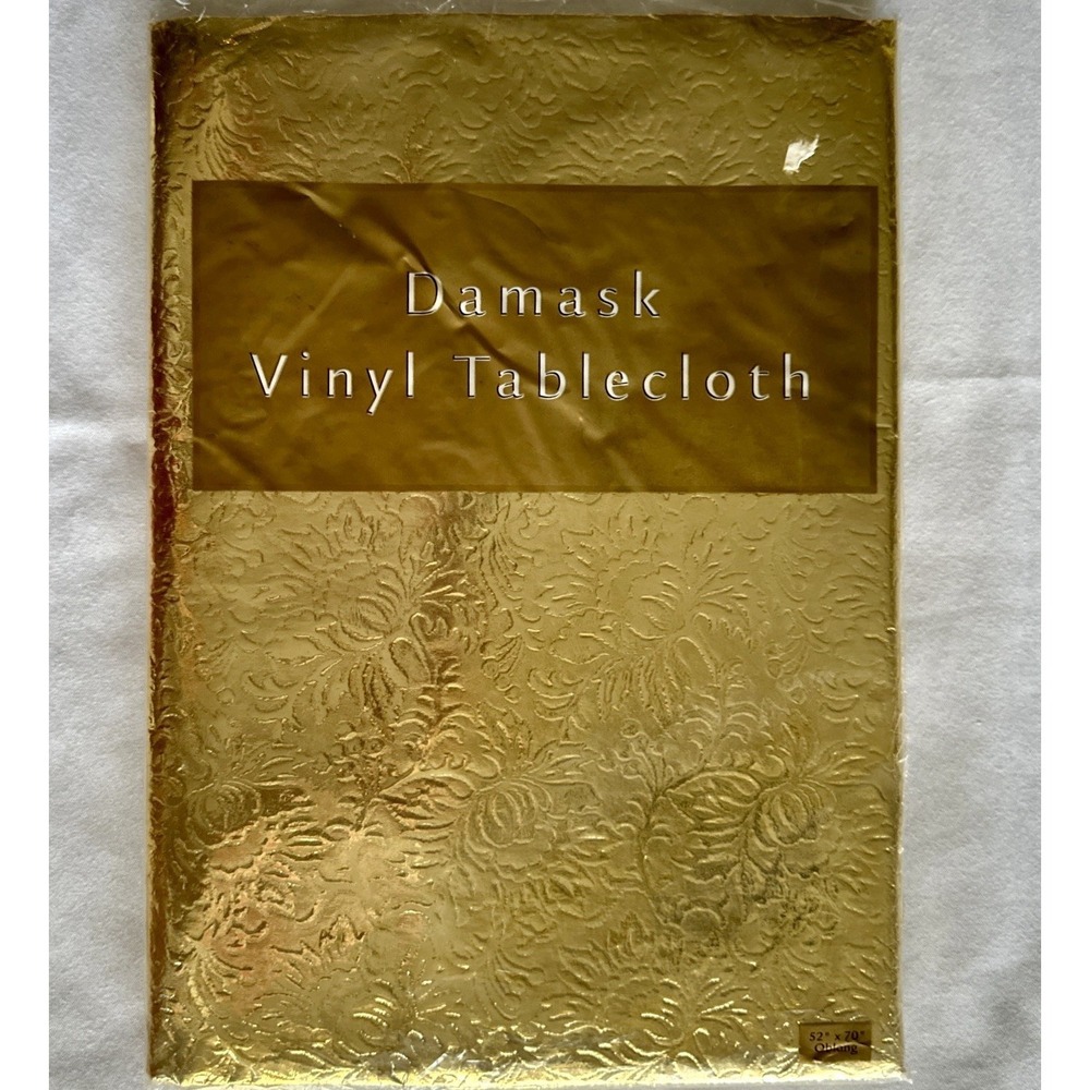Vtg Gold Vinyl Tablecloth‎ 52x70 Oblong Flannel Back Damask Dayton Hudson New